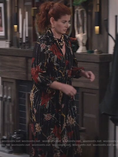 Grace’s black metallic floral midi dress on Will and Grace