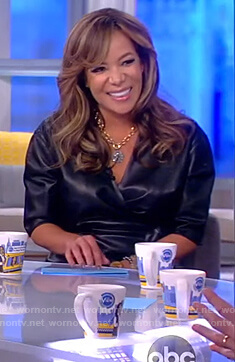 Sunny’s black faux leather wrap dress on The View