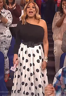 Wendy’s black one shoulder top and white polka dot skirt on The Wendy Williams Show