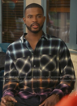 Aaron’s black check ombre shirt on Grown-ish