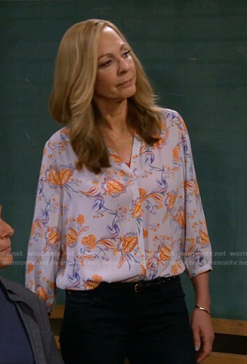 Bonnie’s blue and orange floral blouse on Mom