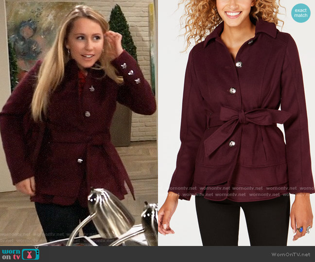 Celebrity Pink Hooded Belted Ruffled-Hem Peacoat worn by Josslyn Jacks (Eden McCoy) on General Hospital