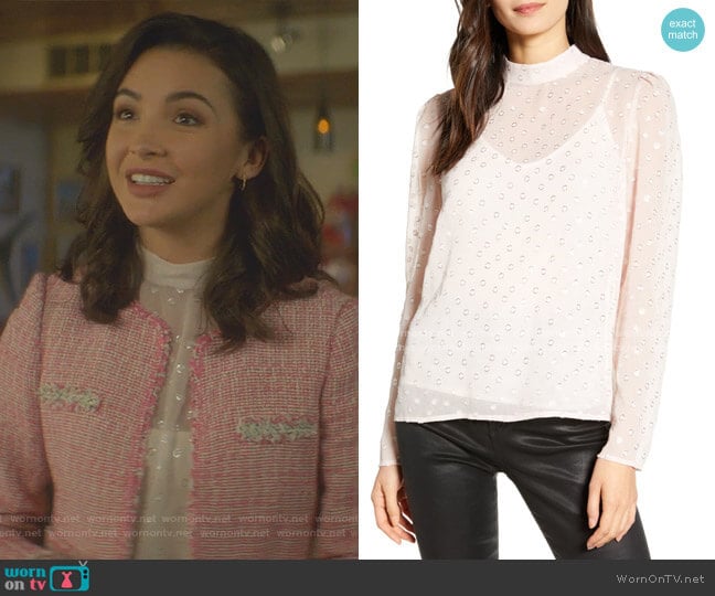 Chelsea28 Metallic Clip Dot Blouse worn by Bess (Maddison Jaizani) on Nancy Drew