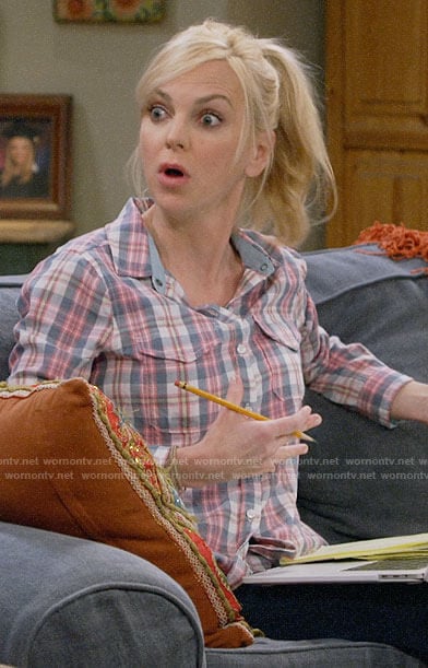 Christy’s pink and blue plaid shirt on Mom