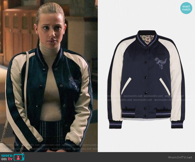 Zhu Jingyi Reversible Varsity Jacket by Coach Rexy worn by Betty Cooper (Lili Reinhart) on Riverdale
