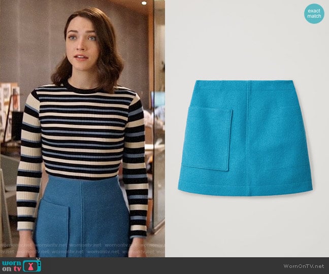 COS Wool Mini Skirt in Turuoise worn by Cara Bloom (Violett Beane) on God Friended Me