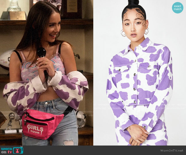 Jaded London Lilac Cow Print Denim Jacket worn by Bella Schmerz (Haley Pullos) on The Expanding Universe of Ashley Garcia