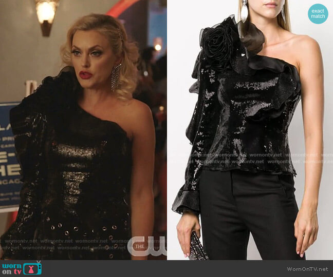 Dundas Ruffled One-Shoulder Sequin Top worn by Alexis Carrington (Elaine Hendrix) on Dynasty