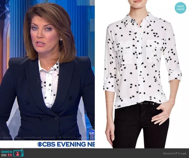 Equipment Slim Signature Silk Top worn by Norah O'Donnell on CBS Evening News