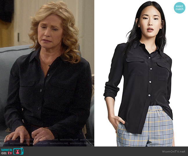 Equipment Slim Signature Silk Shirt in True Black worn by Vanessa Baxter (Nancy Travis) on Last Man Standing