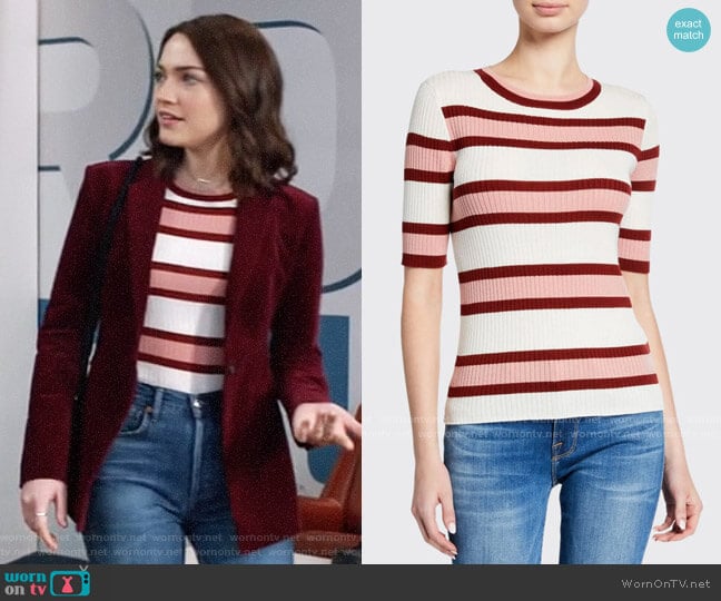 Frame Panel Stripe Ribbed Short-Sleeve Sweater worn by Cara Bloom (Violett Beane) on God Friended Me