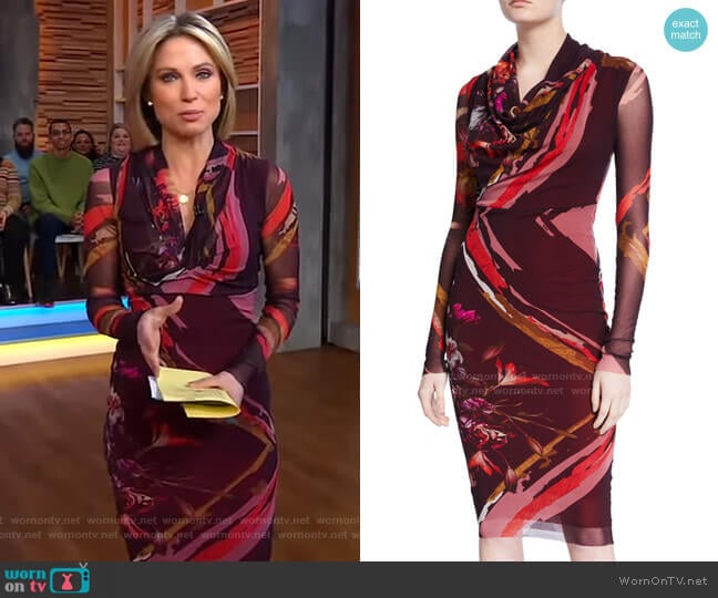 Fuzzi Patchwork Flower Cowl-Neck Long-Sleeve Dress worn by Amy Robach on Good Morning America