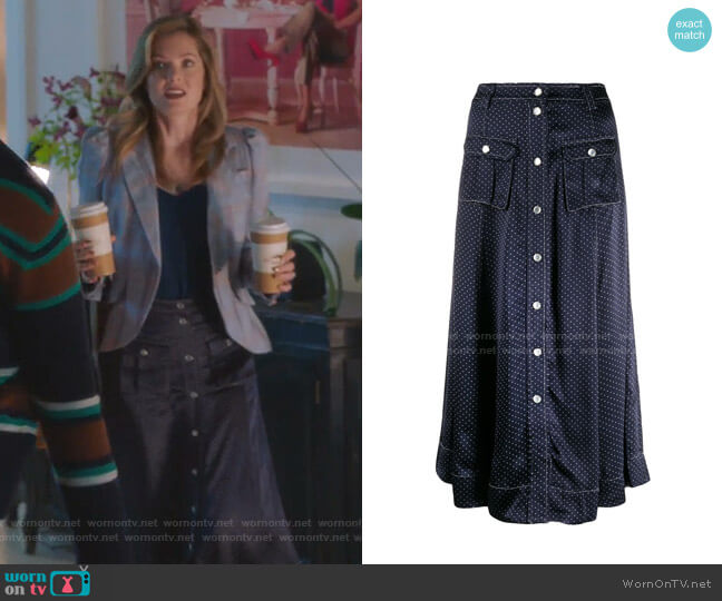 Ganni Dot Print Midi Skirt worn by Sutton (Meghann Fahy) on The Bold Type