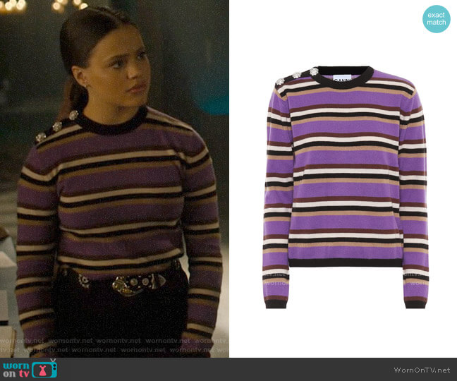 Ganni Embellished striped cashmere sweater worn by Maggie Vera (Sarah Jeffery) on Charmed