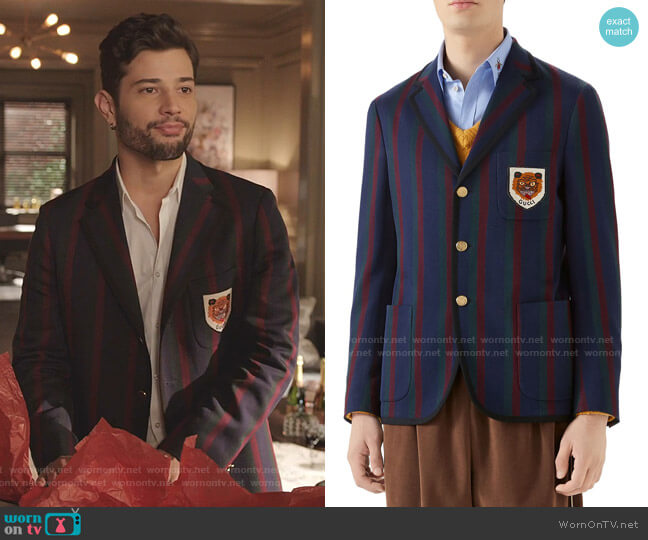 Gucci Tiger Patch Stripe Cotton Jacket worn by Sam Flores (Rafael de la Fuente) on Dynasty