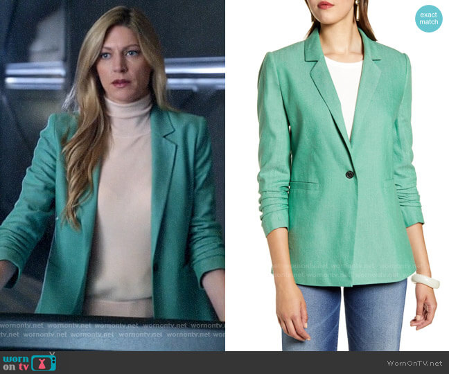 Halogen Ruched Sleeve Blazer in Green Clover worn by Ava Sharpe (Jes Macallan) on Legends of Tomorrow