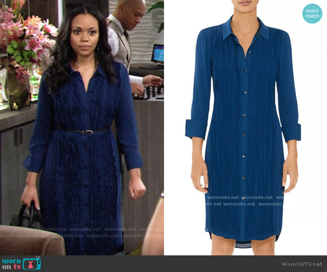 Halston Long Sleeve Pleated Shirt Dress worn by Amanda Sinclair (Mishael Morgan) on The Young and the Restless