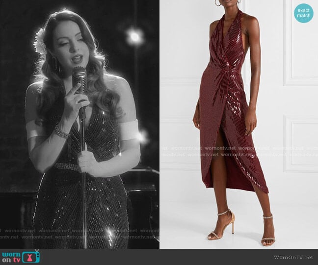 Haney Aurora Wrap-Effect Embellished Mesh Halterneck Midi Dress worn by Fallon Carrington (Elizabeth Gillies) on Dynasty