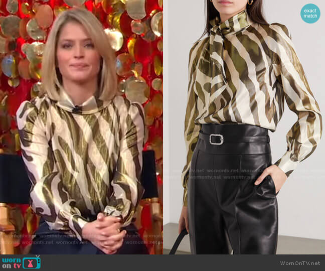 Haney Billie Metallic Zebra-Print Blouse worn by Sara Haines on Good Morning America