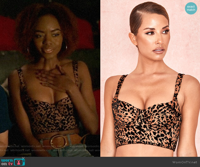 House of CB Chloe Leopard Print Quilted Devore Bustier worn by Josie McCoy (Ashleigh Murray) on Katy Keene