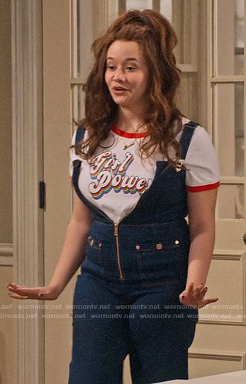 Jade’s denim overalls and Girl Power tee on Family Reunion