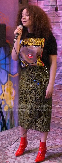 Jade’s sequin zebra midi skirt on Family Reunion