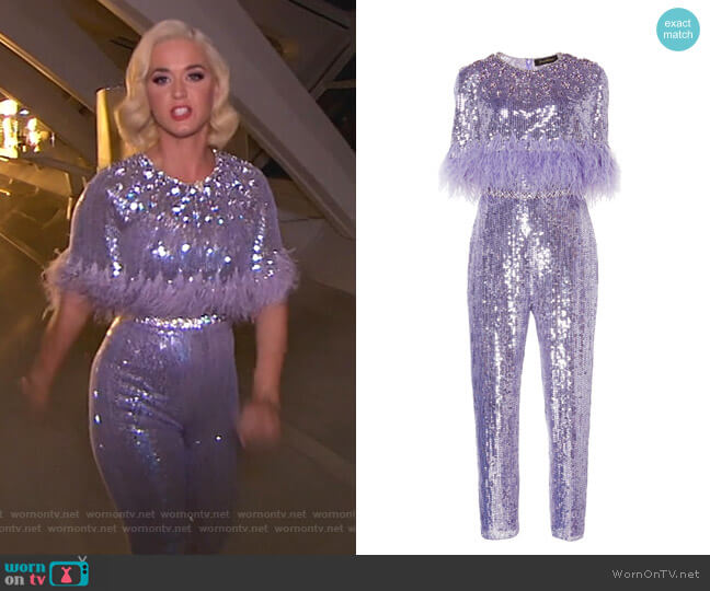 Jenny Packham Lili Feather-Trimmed Sequined Jumpsuit worn by Katy Perry on American Idol