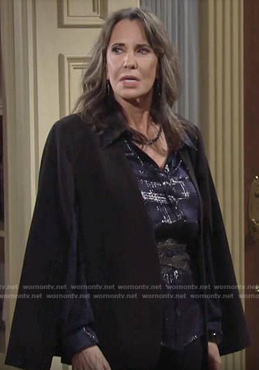 Jill’s navy metallic plaid shirt and black cape on The Young and the Restless