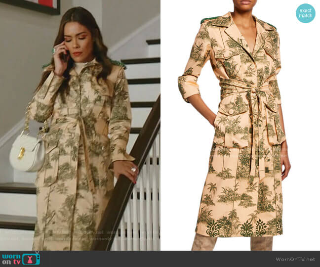 Johanna Ortiz Vientos Invernales Landscape-Print Trench Coat worn by Cristal Jennings (Daniella Alonso) on Dynasty