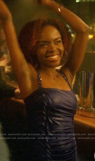 Josie’s metallic blue ruched dress on Katy Keene