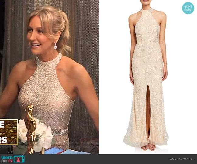 Jovani Beaded Open-Back Front-Slit Halter Gown worn by Lara Spencer on Good Morning America