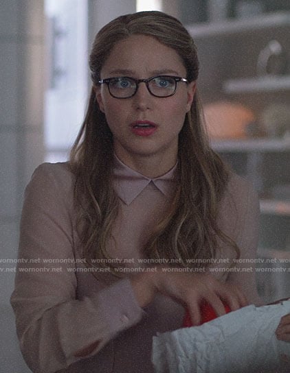 Kara’s blush blouse with pink satin collar on Supergirl