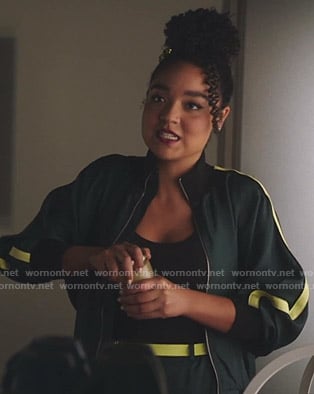 Kat’s green side stripe track jacket and pants on The Bold Type