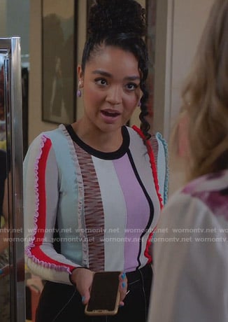 Kat’s multicolor striped top on The Bold Type