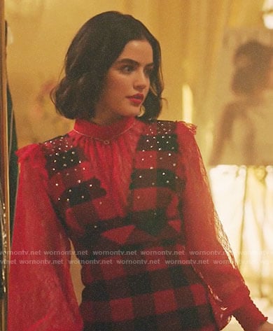 Katy Keene’s red lace top and checked dress on Riverdale