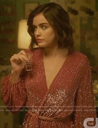 Katy’s pink sequin wrap dress on Katy Keene