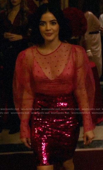 Katy’s sheer pink polka dot top and sequin skirt on Katy Keene