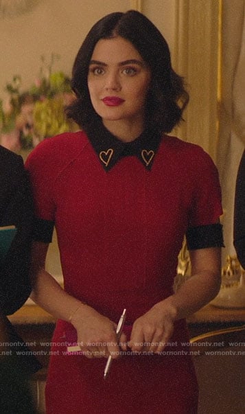 Katy’s red dress with black heart collar on Katy Keene