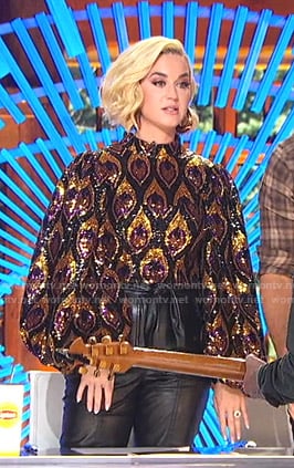 Katy’s sequin puff sleeve top and leather pants on American Idol