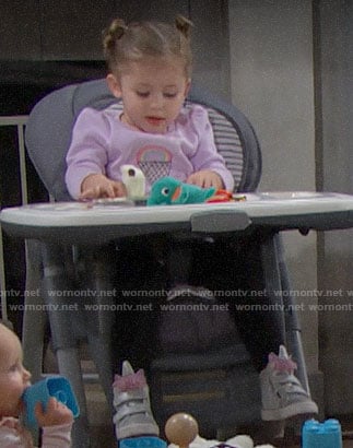 Kelly’s purple rainbow ice cream sweater and unicorn sneakers on The Bold and the Beautiful