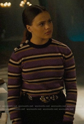 Maggie’s purple striped sweater with crystal buttons on Charmed