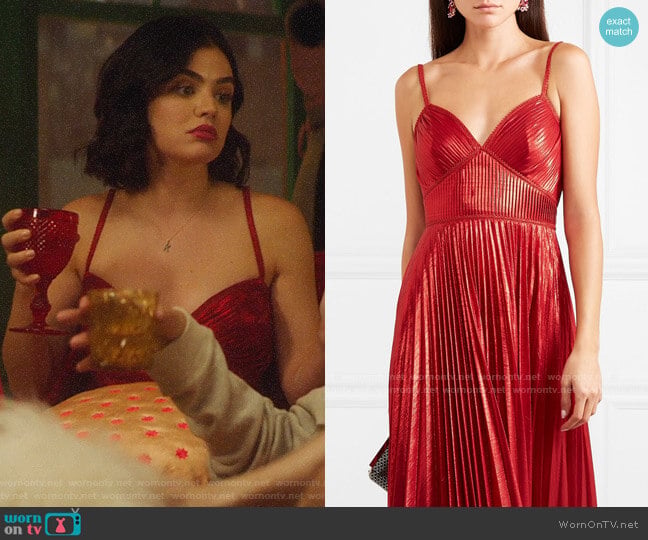 Marchesa Notte Crocheted lace-trimmed pleated lamé gown worn by Katy Keene (Lucy Hale) on Katy Keene