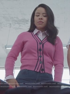 Mariana’s pink cardigan and check blouse on Good Trouble