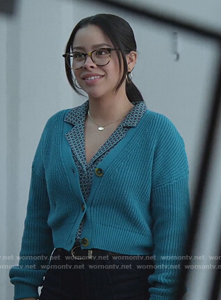 Mariana’s teal cropped cardigan on Good Trouble