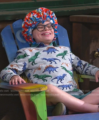 Matteo’s grey dinosaur print sweatshirt on Bunkd