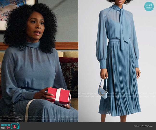 Max Mara Malizia Pleated Chiffon Tie-Neck Dress worn by Lola Carmichael (Simone Missick) on All Rise