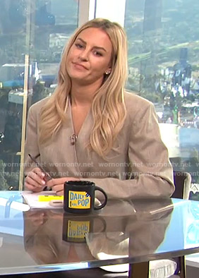 Morgan’s beige wrap belted jacket on E! News Daily Pop