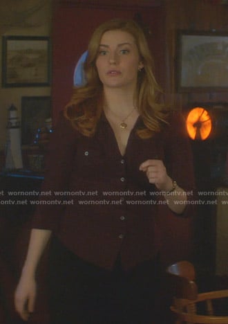 Nancy’s burgundy button down shirt on Nancy Drew