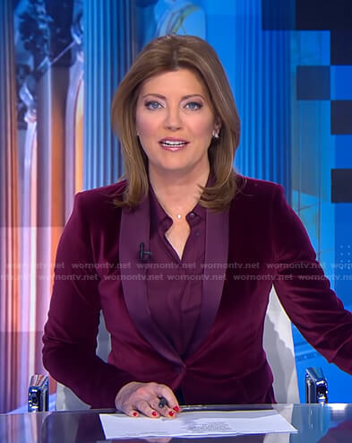 Norah’s purple velvet blazer on CBS Evening News