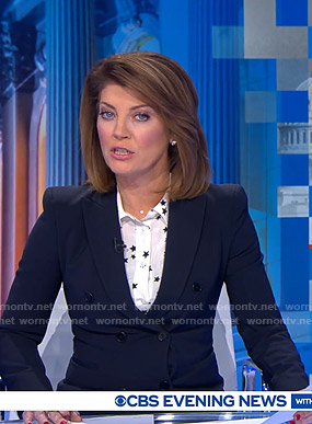 Norah’s white star print blouse on CBS Evening News